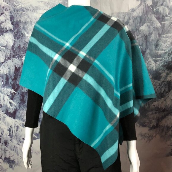 Teal turquoise plaid Open side poncho cover up shawl unisex boho shawl topper - Picture 1 of 10